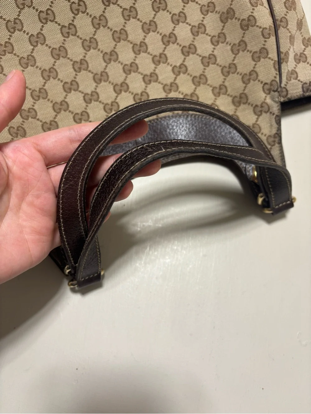 Gucci Beige/Brown Monogram Canvas Shoulder Bag with Dark Brown Trim